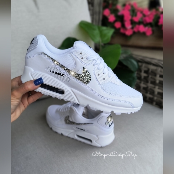 Nike Shoes - Women's Bling Nike Air Max 90 White Sneakers Shoes made with Swarovski C…